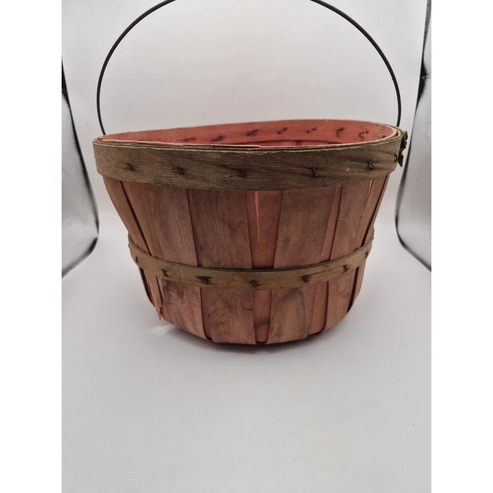 Vintage Wooden Apple Basket With Metal Handle Rustic Farmhouse Decor